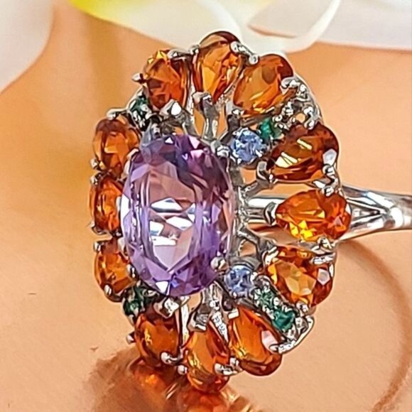 Natural Amethyst 6x4mm,‎ Citrine, Emerald 925 Sterling Silver Jewelry Ring 7.75 - Picture 7 of 12